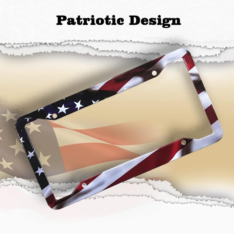 LIN KANG American Flag License Plate Frame Holder - 2 Pack Universal Aluminum Matte Stripe US Flag Gloss Patriotic Car Plate Frame Covers with Free Screws Fasteners Caps - Image 2